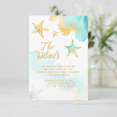 Aqua en gouden Waterverf strand zeesterren bruilof Informatiekaartje (Staand voorkant)