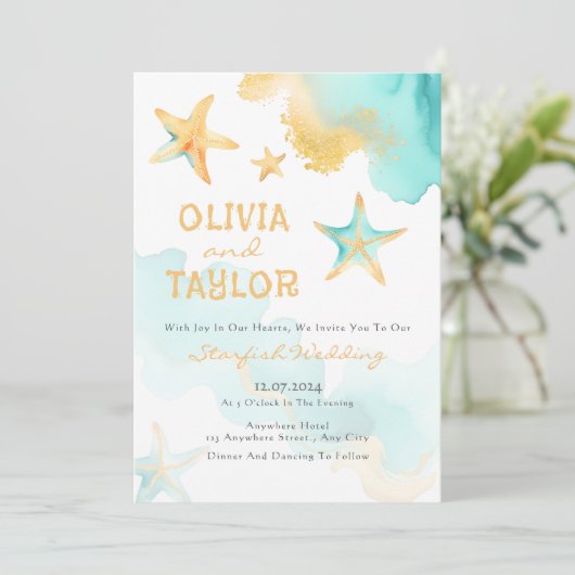 Aqua en gouden Waterverf strand zeesterren bruilof Kaart (Staand voorkant)