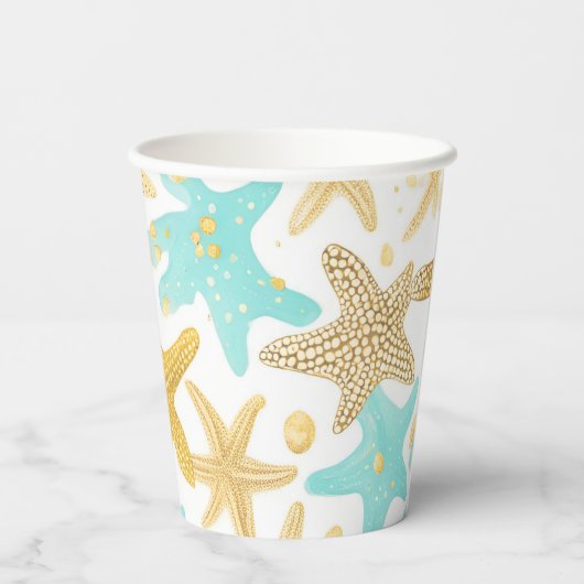 Aqua en gouden Waterverf strand zeesterren bruilof Papieren Bekers (Achterkant)