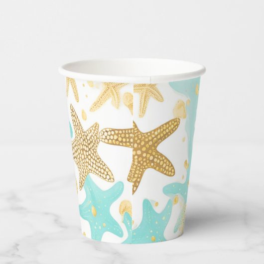 Aqua en gouden Waterverf strand zeesterren bruilof Papieren Bekers (Rechts)