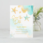 Aqua en gouden Waterverf strand zeesterren bruilof Save The Date (Staand voorkant)