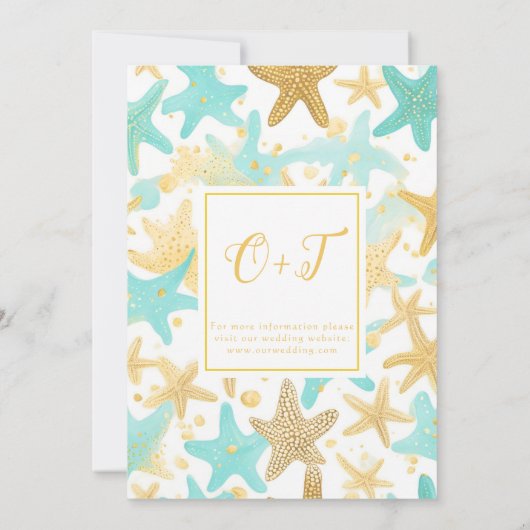 Aqua en gouden Waterverf strand zeesterren bruilof Save The Date (Achterkant)