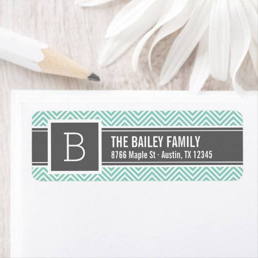 Aqua en Gray Chevron Monogram Etiket (Insitu)
