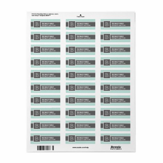 Aqua en Gray Chevron Monogram Etiket (Full Sheet)
