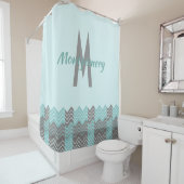 Aqua en Gray Chevron Monogrammed Shower Curtain Douchegordijn (In situ)