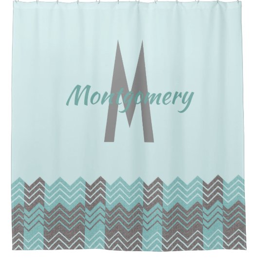 Aqua en Gray Chevron Monogrammed Shower Curtain Douchegordijn (Voorkant)