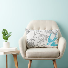 Aqua en Gray Modern Floral Bird Pattern Kussen