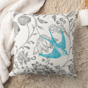 Aqua en Gray  Modern Floral Bird Pattern Kussen