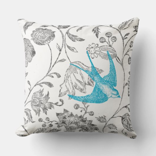 Aqua en Gray  Modern Floral Bird Pattern Kussen (Voorkant)