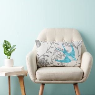 Aqua en Gray  Modern Floral Bird Pattern Kussen
