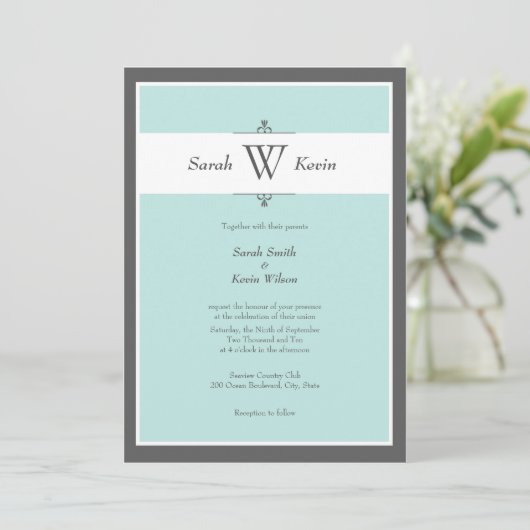 Aqua en Gray Monogram Wedding Invitaties Kaart (Staand voorkant)
