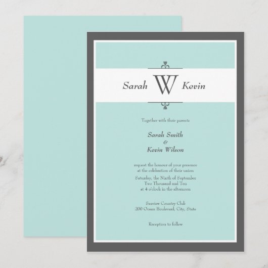 Aqua en Gray Monogram Wedding Invitaties Kaart (Voorkant / Achterkant)