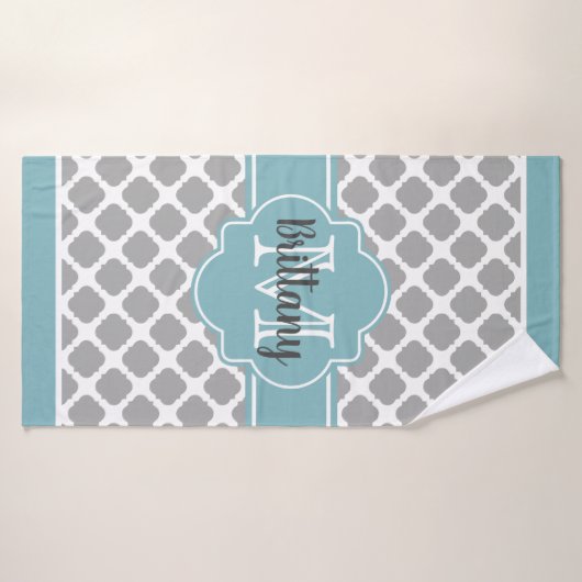 Aqua en Gray Quatrefoil Monogrammed Bath Towel Badhanddoek (Badhanddoek)