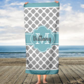 Aqua en Gray Quatrefoil Monogrammed Bath Towel Badhanddoek