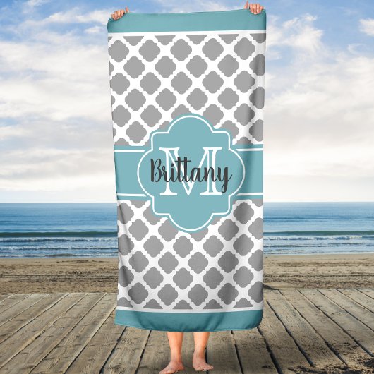 Aqua en Gray Quatrefoil Monogrammed Bath Towel Badhanddoek