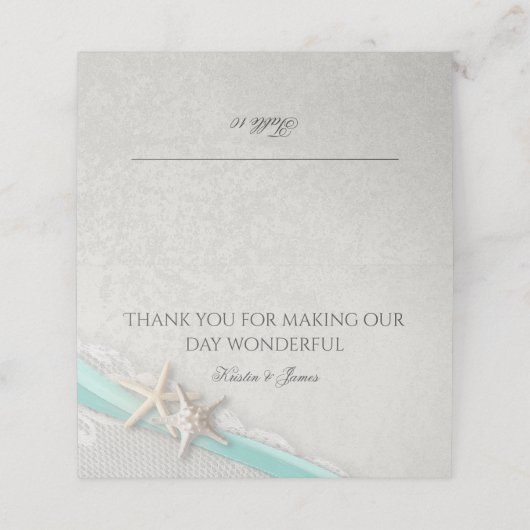 Aqua en grijs strand zeesterren en lint plaatskaartje (Buitenkant ongevouwen)