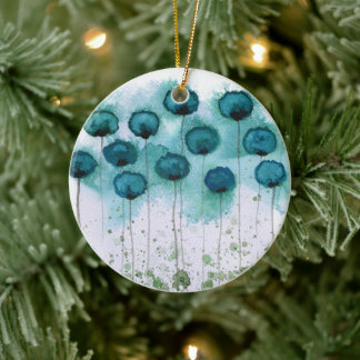 Aqua en grijs Waterverf Bloemen Keramisch Ornament