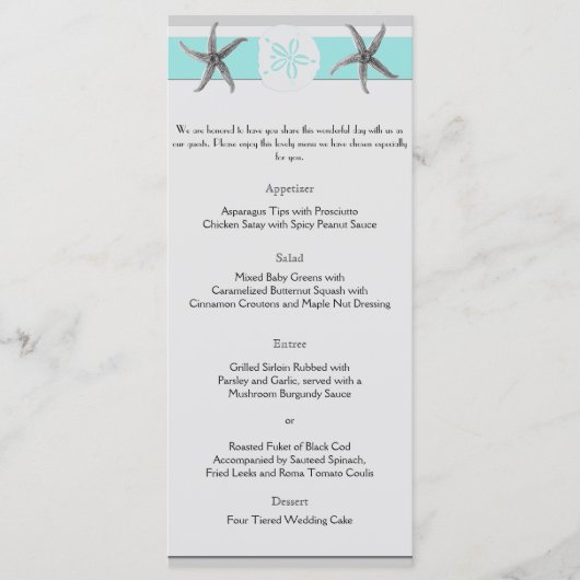Aqua en Grijze Band Starfish Bruiloft Menu (Voorkant)