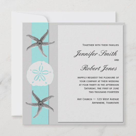 Aqua en Grijze Band Starfish bruiloft uitnodiging (Voorkant)