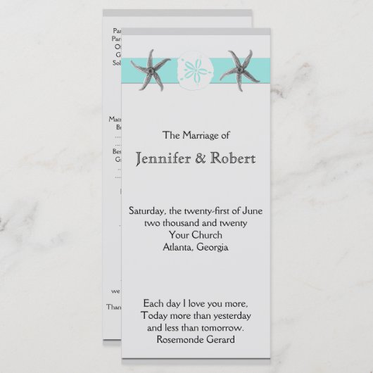 Aqua en Grijze Band Starfish huwelijksprogramma Programmakaart (Voorkant / Achterkant)
