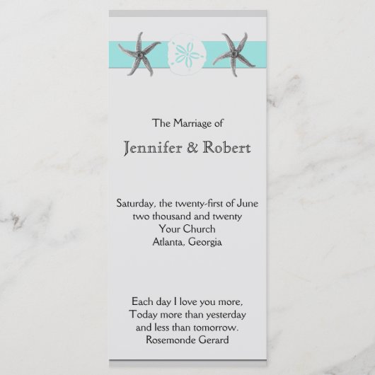 Aqua en Grijze Band Starfish huwelijksprogramma Programmakaart (Voorkant)