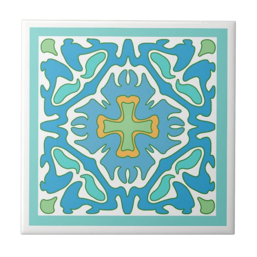 Aqua en Groene Spaans Tile met Oranje Acent Tegeltje (Voorkant)