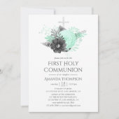 Aqua en houtskool Bloemen Rustieke Heilige Communi Kaart (Voorkant)