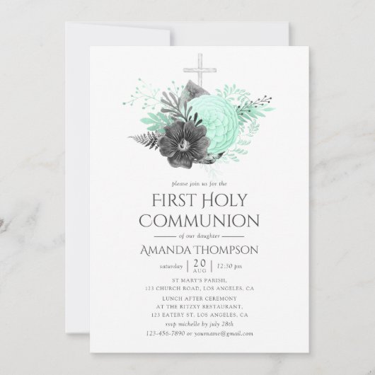 Aqua en houtskool Bloemen Rustieke Heilige Communi Kaart (Voorkant)