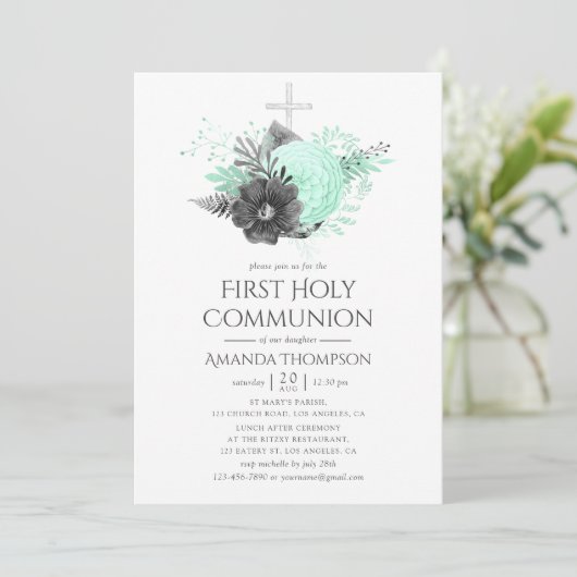 Aqua en houtskool Bloemen Rustieke Heilige Communi Kaart (Staand voorkant)