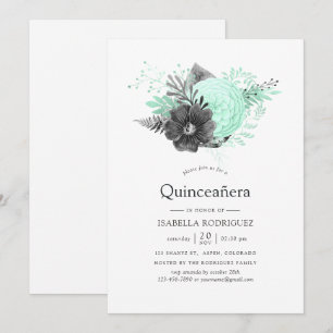 Aqua en houtskool bloemrijke rustieke Quinceañera Kaart
