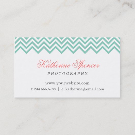 Aqua en koraal Moderne Chevron en Polka Dots Visitekaartje (Voorkant)