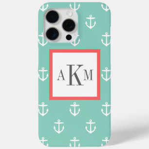 Aqua en Koraal Nautisch Anker Douanemonogram iPhone 15 Pro Max Hoesje