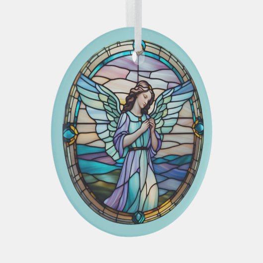 Aqua en Lila Angel bevlekt Glas Ornament (Voorkant Rechts)