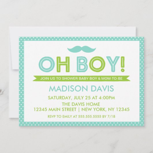 Aqua en Lime Green Polka Dot Oh Boy Baby shower Kaart (Voorkant)