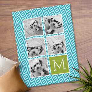 Aqua en Limoen Instagram 5 Photo Collage Monogram Fleece Deken