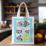 Aqua en Limoen Instagram 5 Photo Collage Monogram Herbruikbare Boodschappentas<br><div class="desc">Groen en blauw Chevron Pattern - Gebruik vijf vierkante foto's om een uniek en persoonlijk cadeau te creëer. Of je kunt de hipster puppy houden en een trendy keepslag maken. Als u de afbeeldingen moet aanpassen,  klik op het aanpassingshulpmiddel om veranderingen aan te brengen.</div>