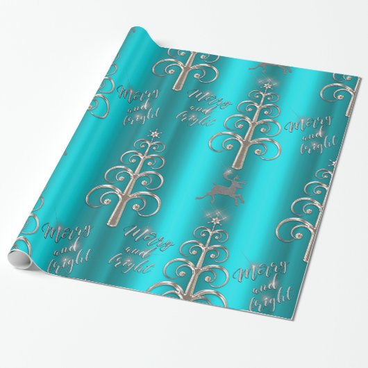 Aqua en Metallic Silver Kerstmis Cadeaupapier (Uitgerold)