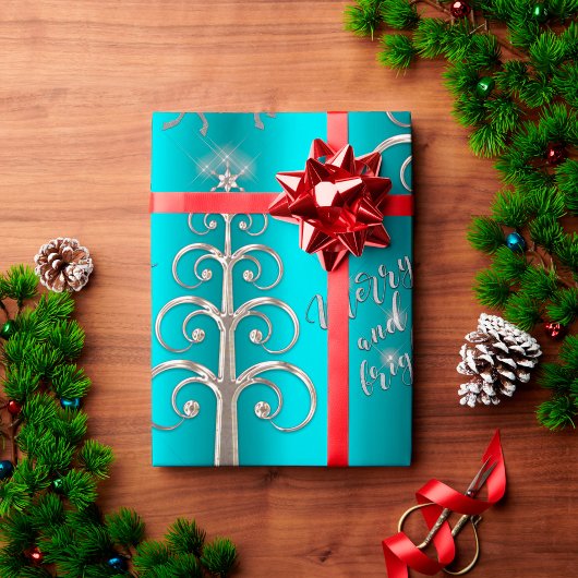 Aqua en Metallic Silver Kerstmis Cadeaupapier