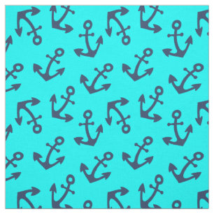 Aqua en Navy Blauwe Anker Stof Per Meter