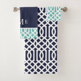 Aqua en Navy Blauwe Trellis Monogram Bad Handdoek