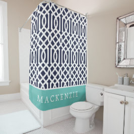 Aqua en Navy Blauwe Trellis Monogram Douchegordijn
