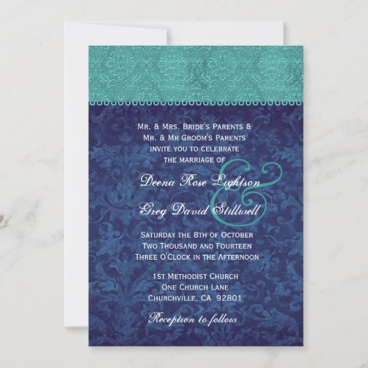 Aqua en Navy Blue Damask Two Tone Wedding V326 V2 Kaart (Voorkant)