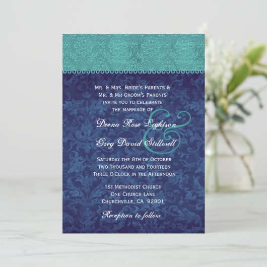 Aqua en Navy Blue Damask Two Tone Wedding V326 V2 Kaart (Staand voorkant)