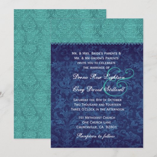 Aqua en Navy Blue Damask Two Tone Wedding V326 V2 Kaart (Voorkant / Achterkant)