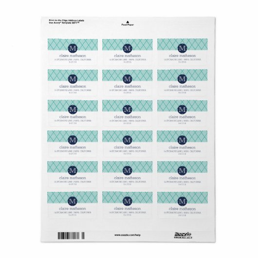 Aqua en Navy Preppy Diamond Chevron Monogram Etiket (Full Sheet)