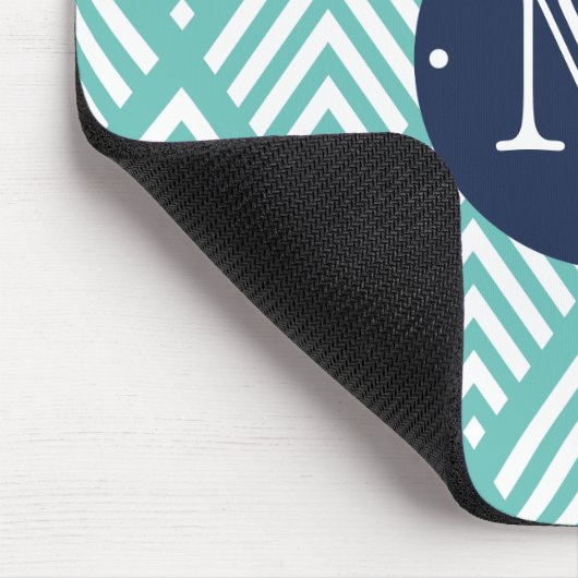 Aqua en Navy Preppy Diamond Chevron Monogram Muismat (Hoek)