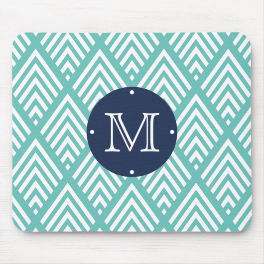 Aqua en Navy Preppy Diamond Chevron Monogram Muismat (Voorkant)