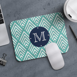 Aqua en Navy Preppy Diamond Chevron Monogram Muismat