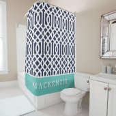 Aqua en Navy Trellis Monogram Douchegordijn (In situ)