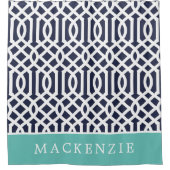 Aqua en Navy Trellis Monogram Douchegordijn (Voorkant)